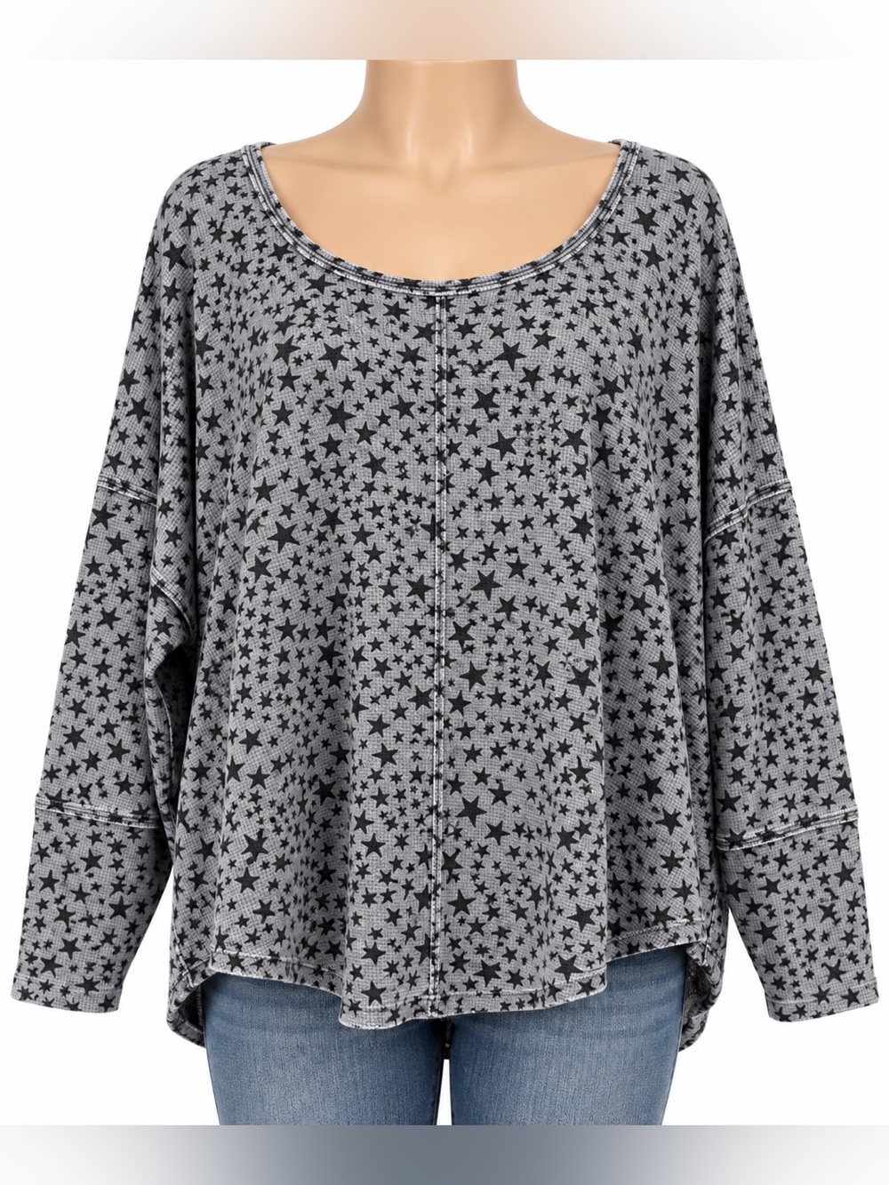 Lucky Brand Star Print Thermal Top 2X Gray Black Oversized Long Sleeve